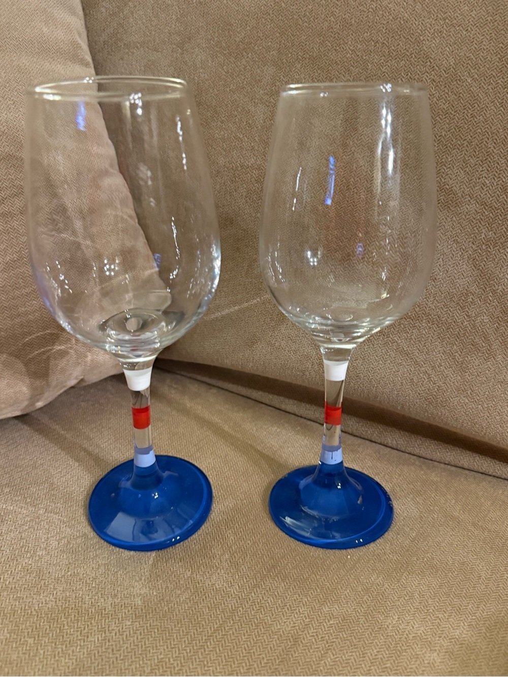 Blue Stem Wine Glasses with Red & White Accents - Home Dining